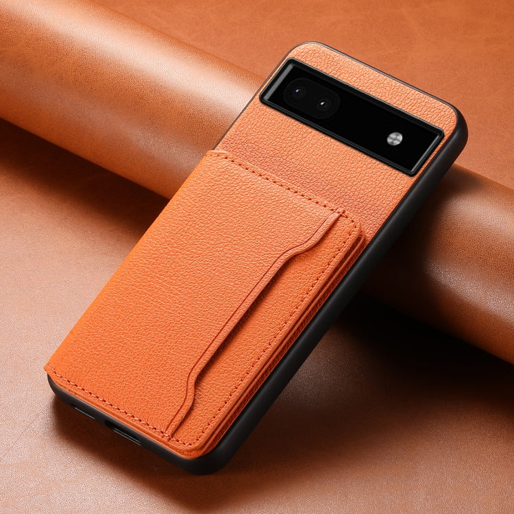 For Google Pixel 6a Calf Texture Card Bag Design Full Coverage Phone Case(Orange) - Google Cases by buy2fix | Online Shopping UK | buy2fix