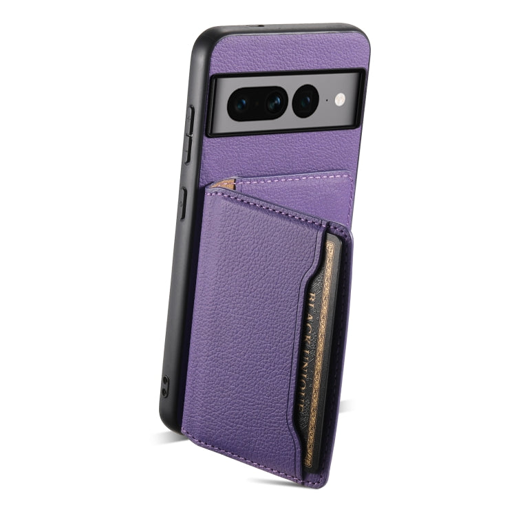 For Google Pixel 7 Pro 5G Calf Texture Card Bag Design Full Coverage Phone Case(Purple) - Google Cases by buy2fix | Online Shopping UK | buy2fix