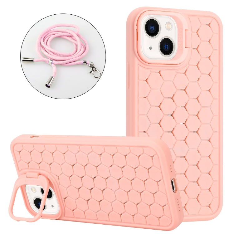 For iPhone 13 Honeycomb Radiating Lens Holder Magsafe Phone Case with Lanyard(Pink) - iPhone 13 Cases by buy2fix | Online Shopping UK | buy2fix