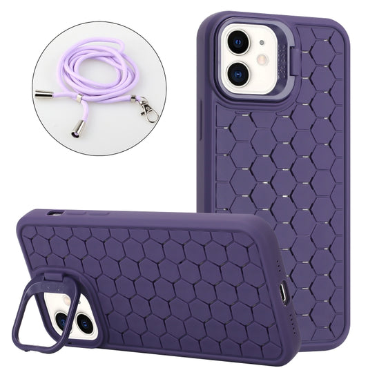 For iPhone 11 Honeycomb Radiating Lens Holder Magsafe Phone Case with Lanyard(Purple) - iPhone 11 Cases by buy2fix | Online Shopping UK | buy2fix