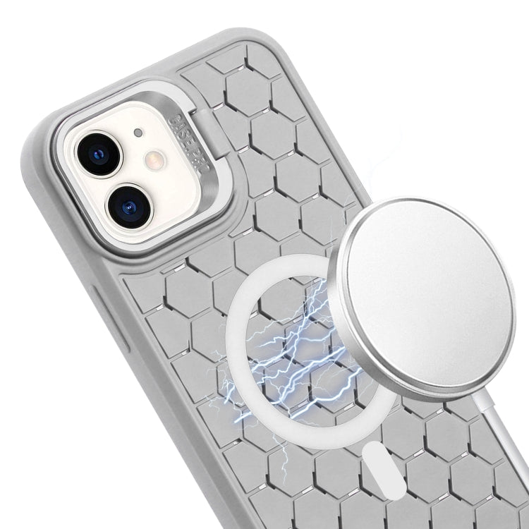 For iPhone 11 Honeycomb Radiating Lens Holder Magsafe Phone Case with Lanyard(Grey) - iPhone 11 Cases by buy2fix | Online Shopping UK | buy2fix