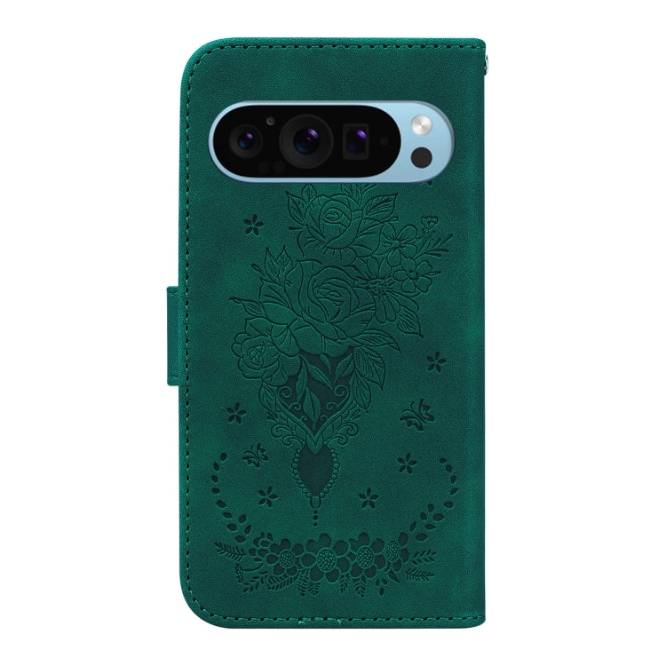 For Google Pixel 9 Butterfly Rose Embossed Leather Phone Case(Green) - Google Cases by buy2fix | Online Shopping UK | buy2fix