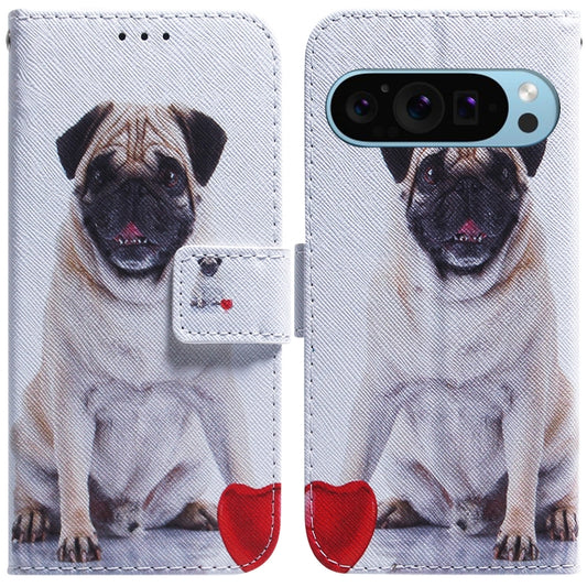 For Google Pixel 9 Pro Coloured Drawing Flip Leather Phone Case(Pug) - Google Cases by buy2fix | Online Shopping UK | buy2fix