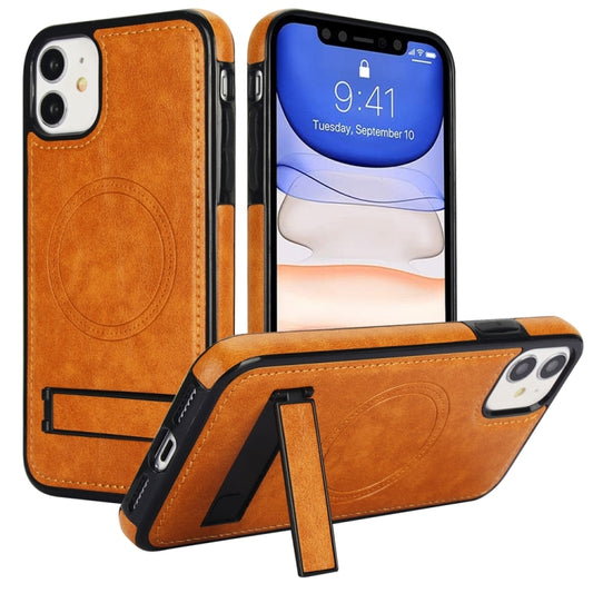 For iPhone 11 Retro Leather Invisible Stand MagSafe Phone Case(Yellow) - iPhone 11 Cases by buy2fix | Online Shopping UK | buy2fix