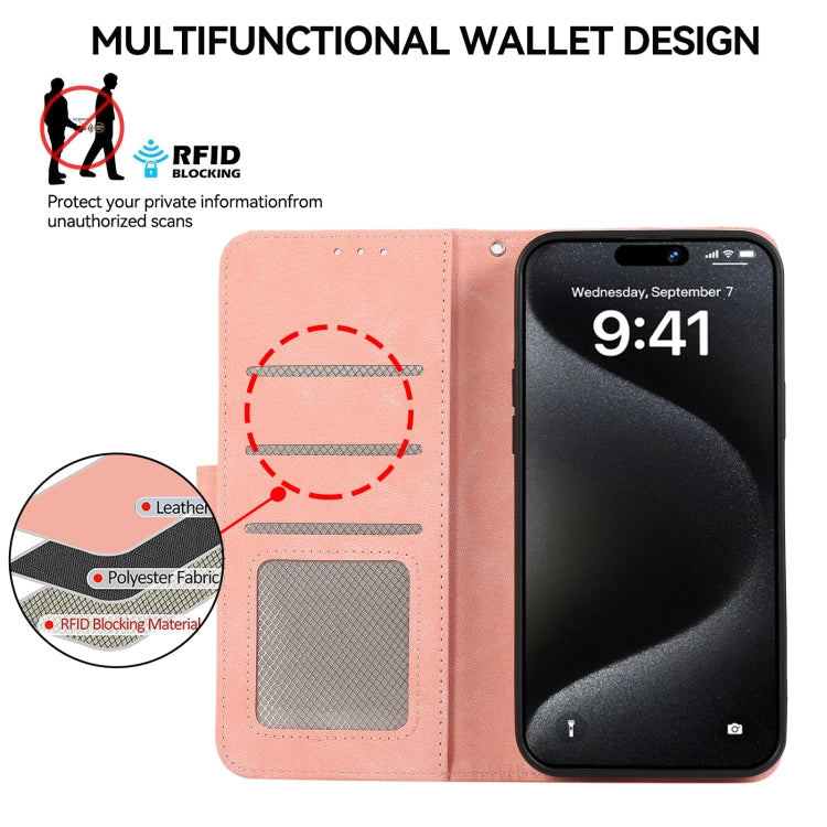 For iPhone 16 Plus ABEEL Color Block Magnetic RFID Leather Phone Case(Pink-Cyan) - iPhone 16 Plus Cases by buy2fix | Online Shopping UK | buy2fix