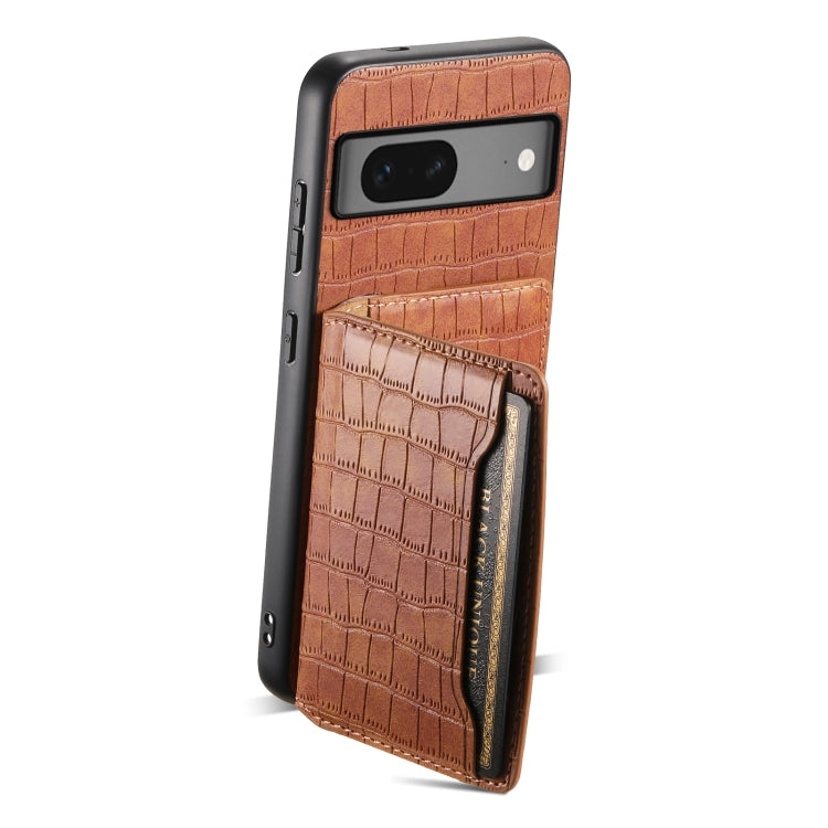 For Google Pixel 7 5G Crocodile Texture Card Bag Design Full Coverage Phone Case(Brown) - Google Cases by buy2fix | Online Shopping UK | buy2fix