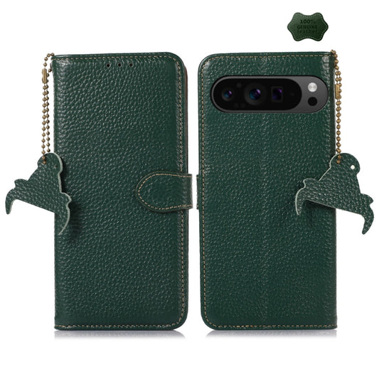 For Google Pixel 9 Pro Genuine Leather Litchi Texture RFID Leather Phone Case(Green) - Google Cases by buy2fix | Online Shopping UK | buy2fix