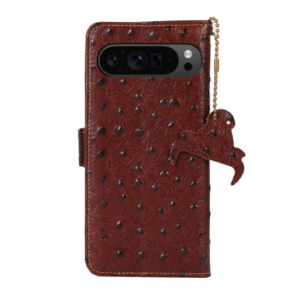 For Google Pixel 9 Pro Ostrich Pattern Genuine Leather RFID Phone Case(Coffee) - Google Cases by buy2fix | Online Shopping UK | buy2fix