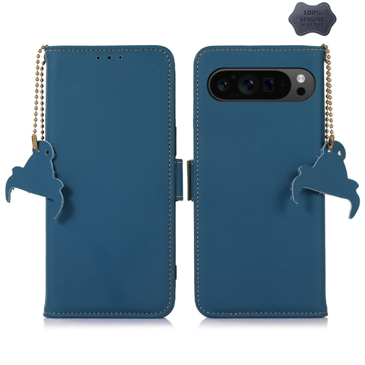 For Google Pixel 9 Pro Genuine Leather Magnetic RFID Leather Phone Case(Blue) - Google Cases by buy2fix | Online Shopping UK | buy2fix