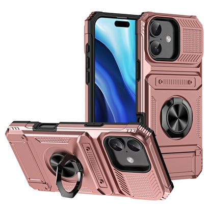 For iPhone 16 TPU+PC Shockproof Card Phone Case with Metal Ring Holder(Rose Gold) - iPhone 16 Cases by buy2fix | Online Shopping UK | buy2fix