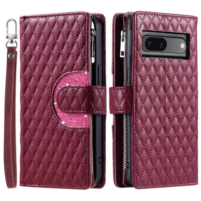 For Google Pixel 7 5G Glitter Lattice Zipper Wallet Leather Phone Case(Wine Red) - Google Cases by buy2fix | Online Shopping UK | buy2fix