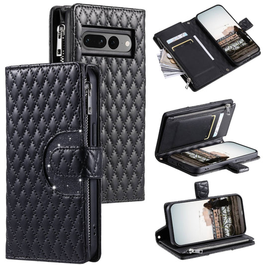 For Google Pixel 7 Pro 5G Glitter Lattice Zipper Wallet Leather Phone Case(Black) - Google Cases by buy2fix | Online Shopping UK | buy2fix