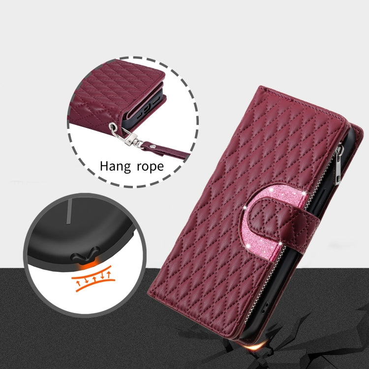 For Google Pixel 7 Pro 5G Glitter Lattice Zipper Wallet Leather Phone Case(Wine Red) - Google Cases by buy2fix | Online Shopping UK | buy2fix