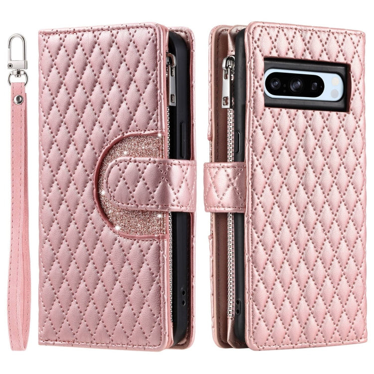 For Google Pixel 8 Pro Glitter Lattice Zipper Wallet Leather Phone Case(Rose Gold) - Google Cases by buy2fix | Online Shopping UK | buy2fix