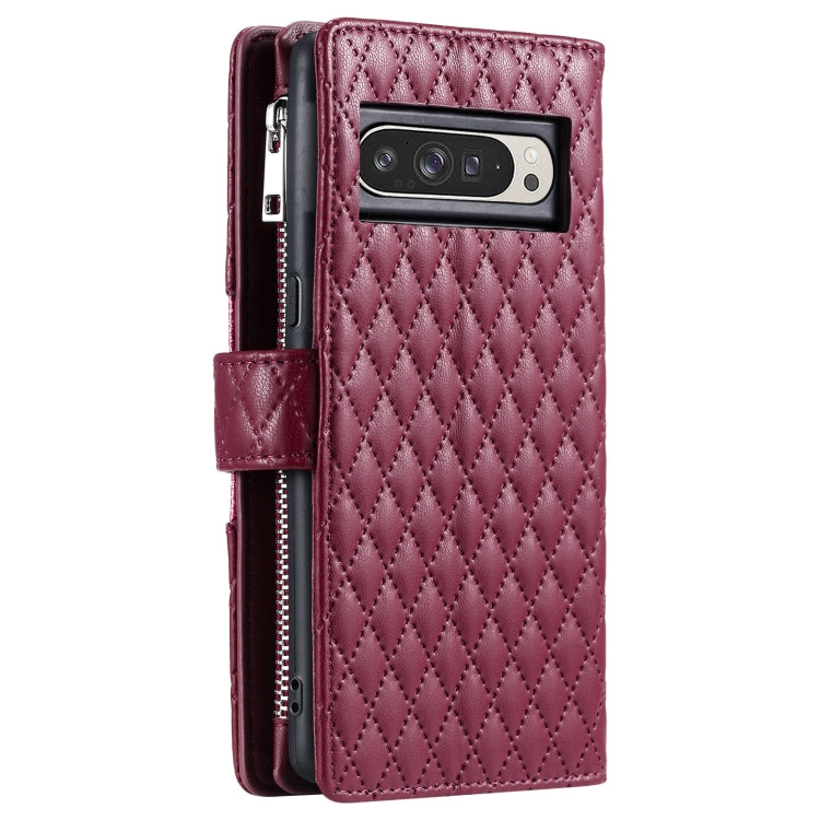 For Google Pixel 9 Pro XL Glitter Lattice Zipper Wallet Leather Phone Case(Wine Red) - Google Cases by buy2fix | Online Shopping UK | buy2fix