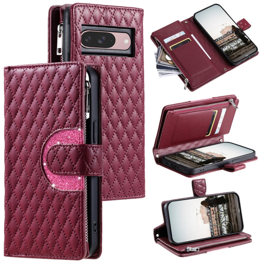 For Google Pixel 9 / 9 Pro Glitter Lattice Zipper Wallet Leather Phone Case(Wine Red) - Google Cases by buy2fix | Online Shopping UK | buy2fix