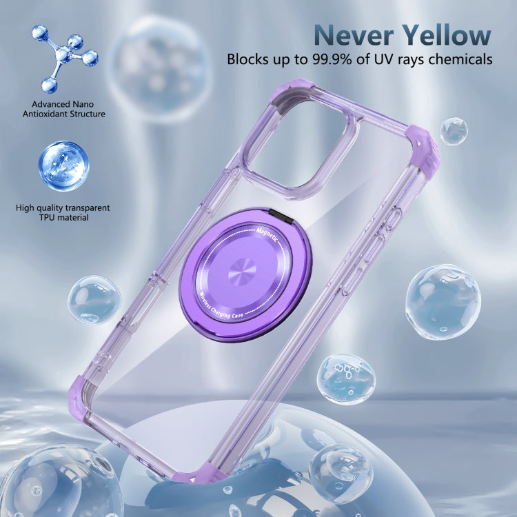 For iPhone 16 Pro Gold Shield CD Pattern MagSafe Magnetic Phone Case with Rotating Stand(Transparent Purple) - iPhone 16 Pro Cases by buy2fix | Online Shopping UK | buy2fix