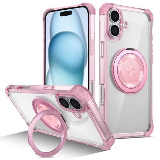 For iPhone 16 Gold Shield CD Pattern MagSafe Magnetic Phone Case with Rotating Stand(Transparent Pink) - iPhone 16 Cases by buy2fix | Online Shopping UK | buy2fix