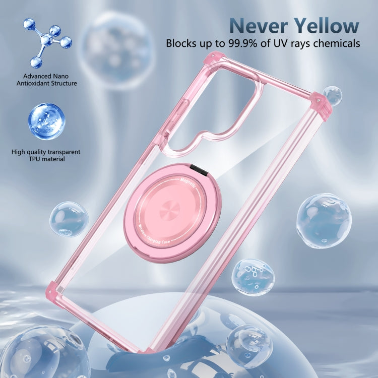 For Samsung Galaxy S24 Ultra 5G Gold Shield CD Pattern MagSafe Magnetic Phone Case with Rotating Stand(Transparent Pink) - Galaxy S24 Ultra 5G Cases by buy2fix | Online Shopping UK | buy2fix
