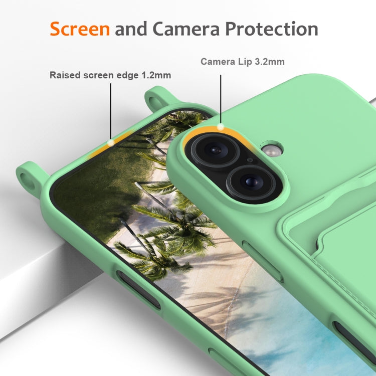 For iPhone 16 Plus Integrated Card Bag Solid Color Liquid Silicone Phone Case with Lanyard(Green) - iPhone 16 Plus Cases by buy2fix | Online Shopping UK | buy2fix