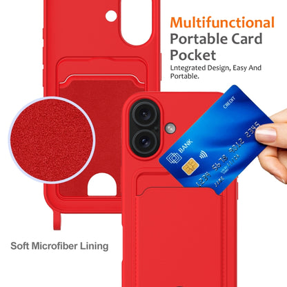 For iPhone 16 Integrated Card Bag Solid Color Liquid Silicone Phone Case with Lanyard(Red) - iPhone 16 Cases by buy2fix | Online Shopping UK | buy2fix