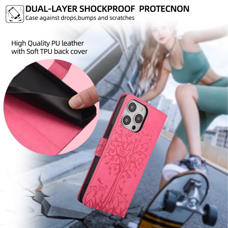 For OnePlus 11 Tree & Deer Embossed Leather Phone Case(Pink) - OnePlus Cases by buy2fix | Online Shopping UK | buy2fix