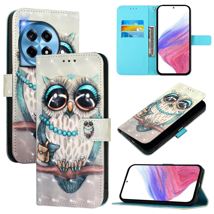 For OnePlus 12 5G Global 3D Painting Horizontal Flip Leather Phone Case(Grey Owl) - OnePlus Cases by buy2fix | Online Shopping UK | buy2fix