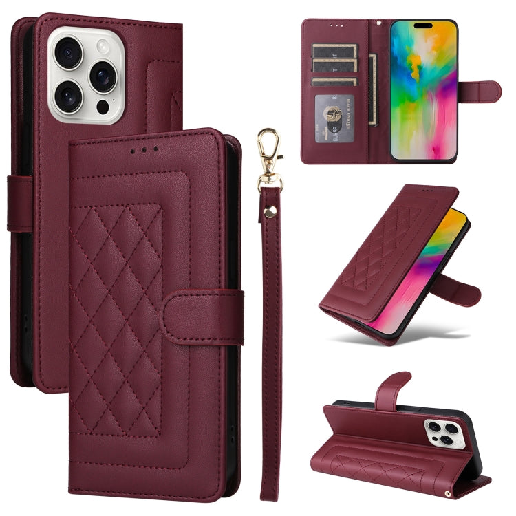 For iPhone 16 Pro Diamond Lattice Leather Flip Phone Case(Wine Red) - iPhone 16 Pro Cases by buy2fix | Online Shopping UK | buy2fix