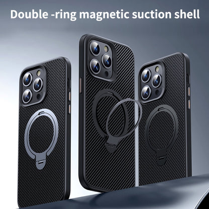 For iPhone 16 Double Ring MagSafe Holder Carbon Fiber Phone Case(Silver) - iPhone 16 Cases by buy2fix | Online Shopping UK | buy2fix