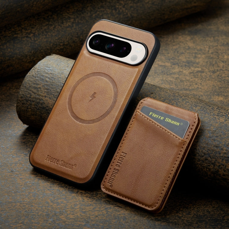 For Google Pixel 9 Fierre Shann Oil Wax Cow Leather Magnetic Card Holder Phone Case(Brown) - Google Cases by FIERRE SHANN | Online Shopping UK | buy2fix