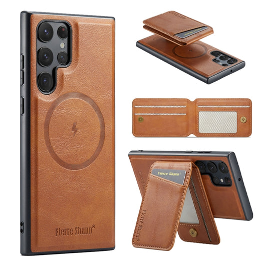 For Samsung Galaxy S24 Ultra 5G Fierre Shann Oil Wax Cow Leather Magnetic Card Holder Phone Case(Brown) - Galaxy S24 Ultra 5G Cases by FIERRE SHANN | Online Shopping UK | buy2fix