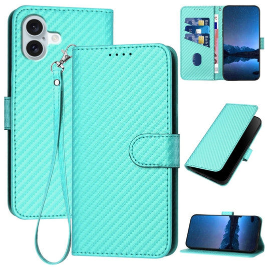 For iPhone 16 Plus YX0070 Carbon Fiber Buckle Leather Phone Case with Lanyard(Light Blue) - iPhone 16 Plus Cases by buy2fix | Online Shopping UK | buy2fix