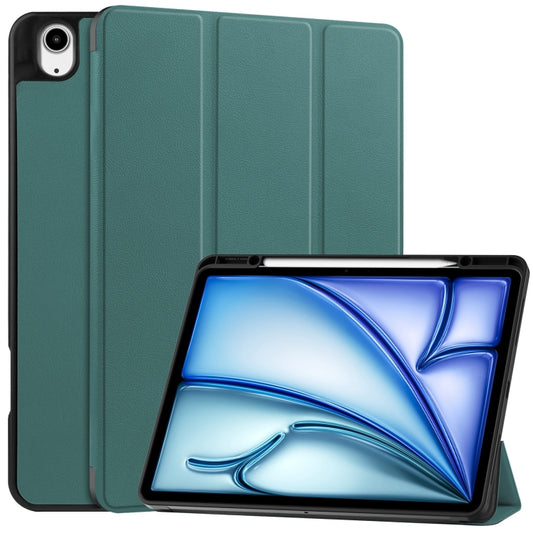 For iPad Air 13 2024 Custer TPU Pure Color 3-Fold Holder Smart Leather Tablet Case with Pen Tray(Dark Green) - iPad Air 13 2024 Cases by buy2fix | Online Shopping UK | buy2fix