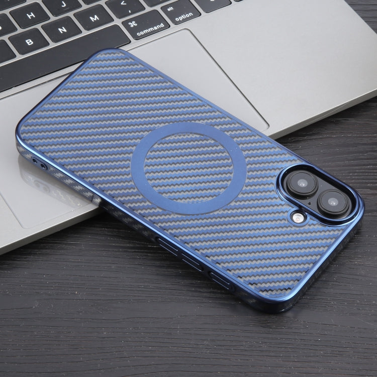 For iPhone 16 6D Plated Carbon Fiber Clear Magsafe PC Phone Case(Dream Blue) - iPhone 16 Cases by buy2fix | Online Shopping UK | buy2fix