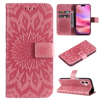 For iPhone 16 Embossed Sunflower Pattern Flip Leather Phone Case(Pink) - iPhone 16 Cases by buy2fix | Online Shopping UK | buy2fix