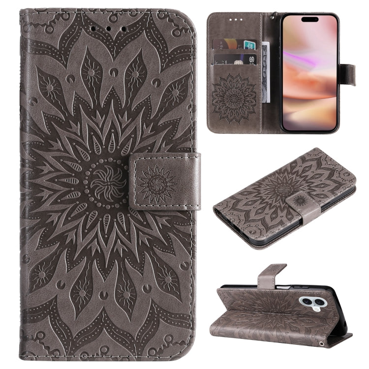 For iPhone 16 Plus Embossed Sunflower Pattern Flip Leather Phone Case(Grey) - iPhone 16 Plus Cases by buy2fix | Online Shopping UK | buy2fix