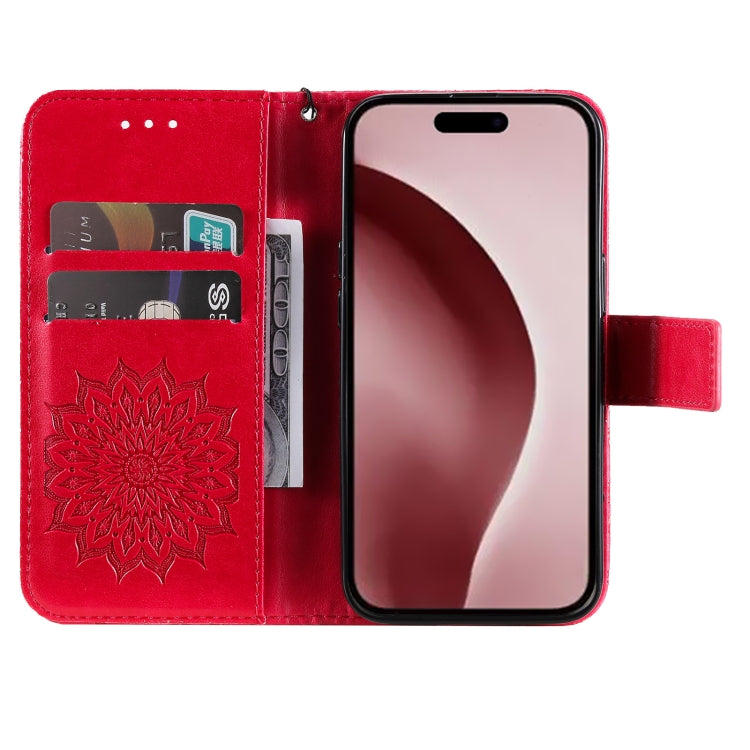 For iPhone 16 Pro Embossed Sunflower Pattern Flip Leather Phone Case(Red) - iPhone 16 Pro Cases by buy2fix | Online Shopping UK | buy2fix