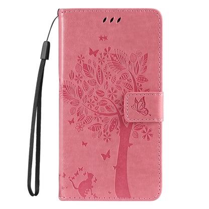 For iPhone SE 2024 Tree & Cat Embossed Pattern Flip Leather Phone Case(Pink) - More iPhone Cases by buy2fix | Online Shopping UK | buy2fix