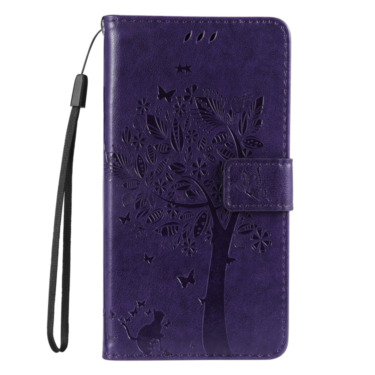 For iPhone SE 2024 Tree & Cat Embossed Pattern Flip Leather Phone Case(Purple) - More iPhone Cases by buy2fix | Online Shopping UK | buy2fix