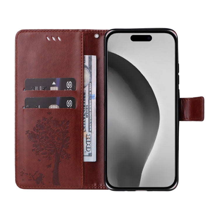 For iPhone 16 Pro Max Tree & Cat Embossed Pattern Flip Leather Phone Case(Coffee) - iPhone 16 Pro Max Cases by buy2fix | Online Shopping UK | buy2fix