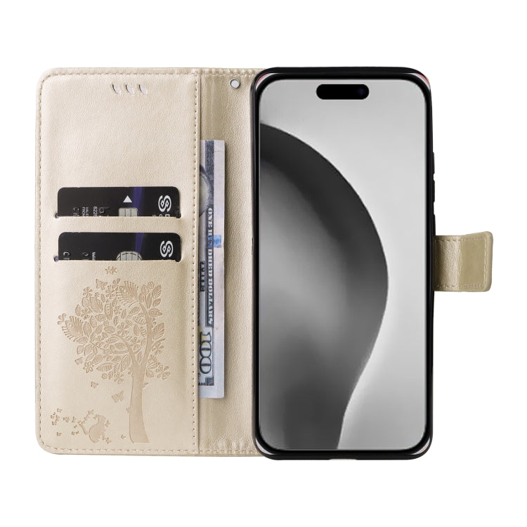 For iPhone 16 Pro Max Tree & Cat Embossed Pattern Flip Leather Phone Case(Gold) - iPhone 16 Pro Max Cases by buy2fix | Online Shopping UK | buy2fix