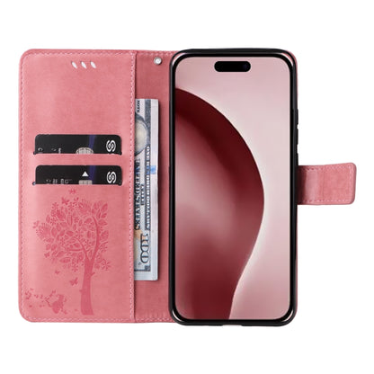 For iPhone 16 Pro Tree & Cat Embossed Pattern Flip Leather Phone Case(Pink) - iPhone 16 Pro Cases by buy2fix | Online Shopping UK | buy2fix