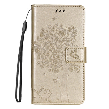 For iPhone 16 Pro Tree & Cat Embossed Pattern Flip Leather Phone Case(Gold) - iPhone 16 Pro Cases by buy2fix | Online Shopping UK | buy2fix