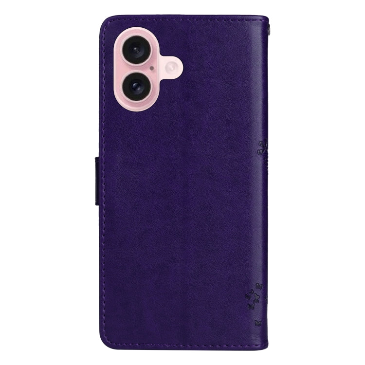 For iPhone 16 Tree & Cat Embossed Pattern Flip Leather Phone Case(Purple) - iPhone 16 Cases by buy2fix | Online Shopping UK | buy2fix