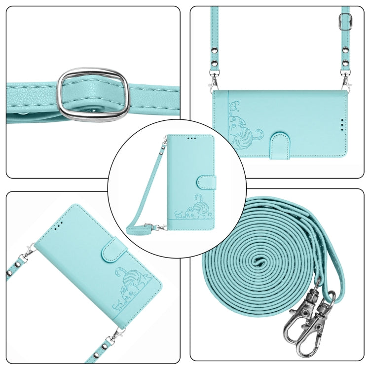 For OPPO Reno11 F 5G Global Cat Rat Embossed Pattern RFID Leather Phone Case with Lanyard(Mint Green) - Reno11 F Cases by buy2fix | Online Shopping UK | buy2fix