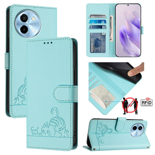 For vivo Y38 5G Cat Rat Embossed Pattern RFID Leather Phone Case with Lanyard(Mint Green) - vivo Cases by buy2fix | Online Shopping UK | buy2fix