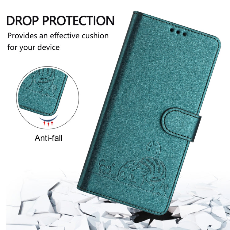 For Motorola Moto G Play 5G 2024 Global Cat Rat Embossed Pattern RFID Leather Phone Case with Lanyard(Peacock Green) - Motorola Cases by buy2fix | Online Shopping UK | buy2fix