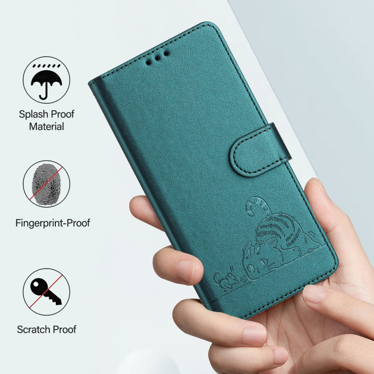 For Motorola Moto G Play 5G 2024 Global Cat Rat Embossed Pattern RFID Leather Phone Case with Lanyard(Peacock Green) - Motorola Cases by buy2fix | Online Shopping UK | buy2fix