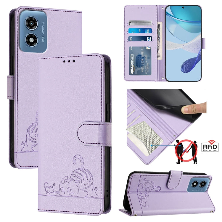 For Motorola Moto G Play 5G 2024 Global Cat Rat Embossed Pattern RFID Leather Phone Case with Lanyard(Purple) - Motorola Cases by buy2fix | Online Shopping UK | buy2fix