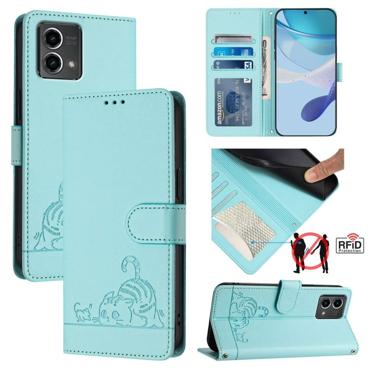 For Motorola Moto G Stylus 5G 2024 Cat Rat Embossed Pattern RFID Leather Phone Case with Lanyard(Mint Green) - Motorola Cases by buy2fix | Online Shopping UK | buy2fix